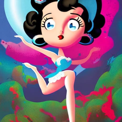  Betty Boop por Mark Freischer, vestida celeste, ventana , luna