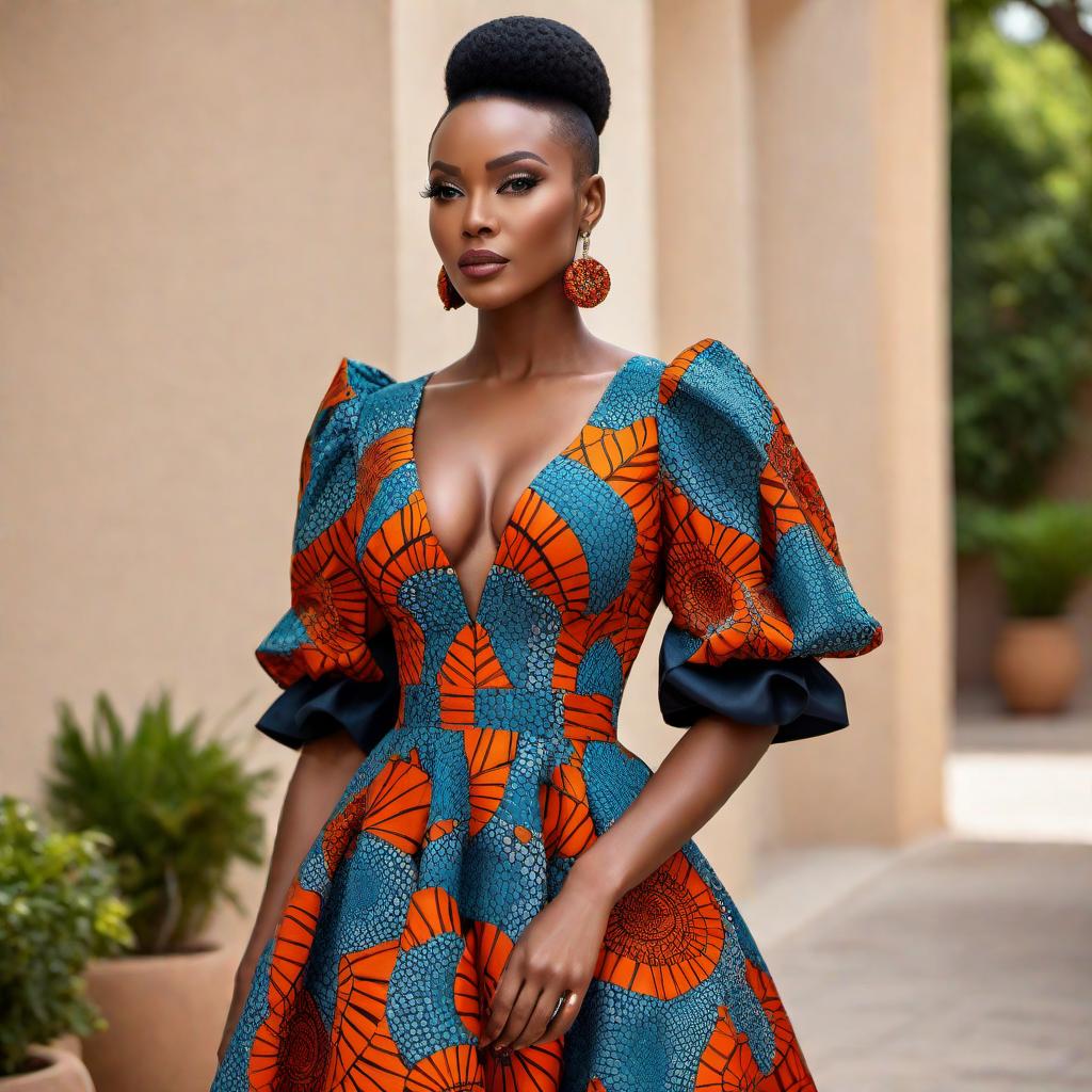  A short Ankara gown with puff sleeves. The gown is vibrant with traditional African prints, featuring a mix of bold colors and intricate patterns. The sleeves are stylishly puffed, adding a touch of uniqueness and elegance. The gown is knee-length, fitted at the waist, and flows slightly downwards, creating a flattering silhouette. hyperrealistic, full body, detailed clothing, highly detailed, cinematic lighting, stunningly beautiful, intricate, sharp focus, f/1. 8, 85mm, (centered image composition), (professionally color graded), ((bright soft diffused light)), volumetric fog, trending on instagram, trending on tumblr, HDR 4K, 8K