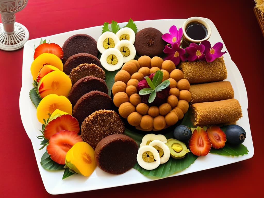  A photorealistic image of a beautifully decorated platter filled with a variety of traditional Ethiopian desserts such as dabo kolo, yemarina yewotet dabo, and genfo topped with niter kibbeh. The desserts are vibrant in color and intricately garnished with fresh fruits and edible flowers, showcasing the rich culinary heritage of Ethiopia. The background features a traditional Ethiopian coffee ceremony set up, complete with a jebena pot and small espresso cups, adding an authentic touch to the scene. hyperrealistic, full body, detailed clothing, highly detailed, cinematic lighting, stunningly beautiful, intricate, sharp focus, f/1. 8, 85mm, (centered image composition), (professionally color graded), ((bright soft diffused light)), volumetric fog, trending on instagram, trending on tumblr, HDR 4K, 8K