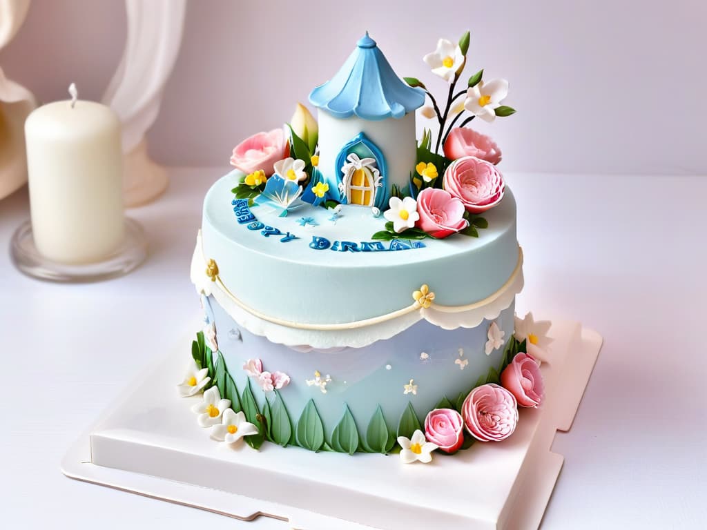  An intricately designed cake featuring layers of storytelling elements subtly incorporated into the icing decorations. The cake is adorned with miniature fondant figures acting out scenes from wellknown fairy tales, while delicate sugar flowers bloom around them, each petal telling a different part of the story. The color scheme is soft pastels, enhancing the whimsical and enchanting atmosphere of the confectionary creation. hyperrealistic, full body, detailed clothing, highly detailed, cinematic lighting, stunningly beautiful, intricate, sharp focus, f/1. 8, 85mm, (centered image composition), (professionally color graded), ((bright soft diffused light)), volumetric fog, trending on instagram, trending on tumblr, HDR 4K, 8K