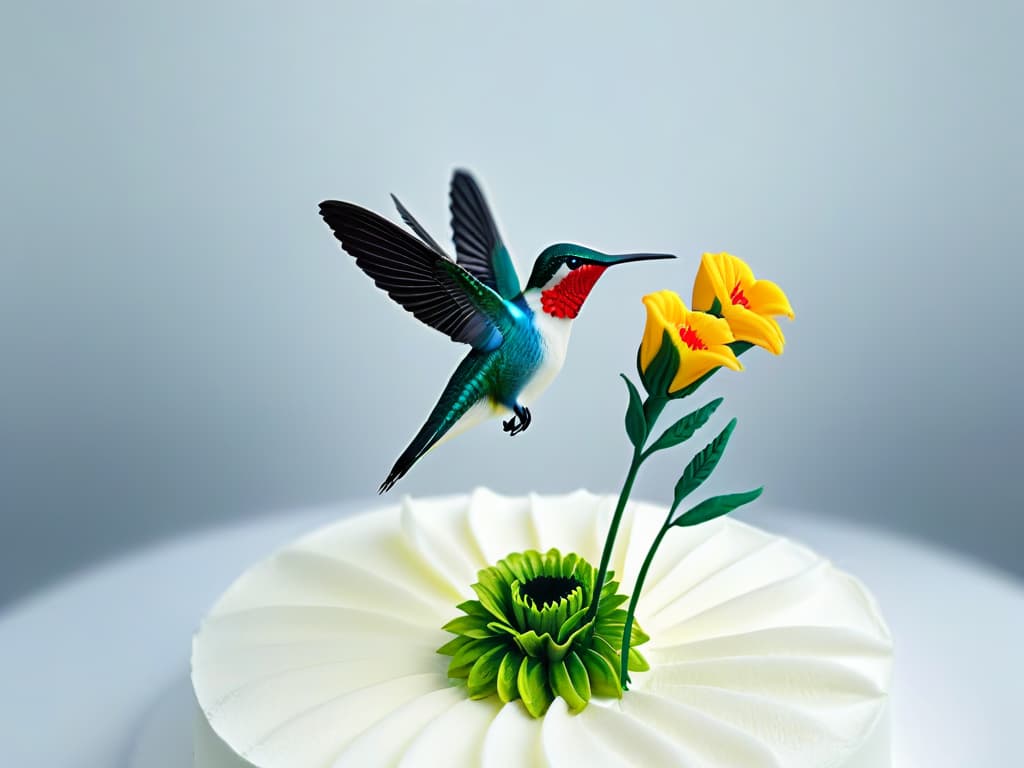  A highresolution, ultradetailed image of a delicate sugar sculpture depicting a lifelike hummingbird hovering over a vibrant bouquet of intricately crafted sugar flowers. The sculpture is set against a clean, white background, showcasing the precise artistry and skill required in sugar sculpting. Each delicate petal and feather is meticulously formed, capturing the essence of nature in a minimalist yet aweinspiring way. hyperrealistic, full body, detailed clothing, highly detailed, cinematic lighting, stunningly beautiful, intricate, sharp focus, f/1. 8, 85mm, (centered image composition), (professionally color graded), ((bright soft diffused light)), volumetric fog, trending on instagram, trending on tumblr, HDR 4K, 8K