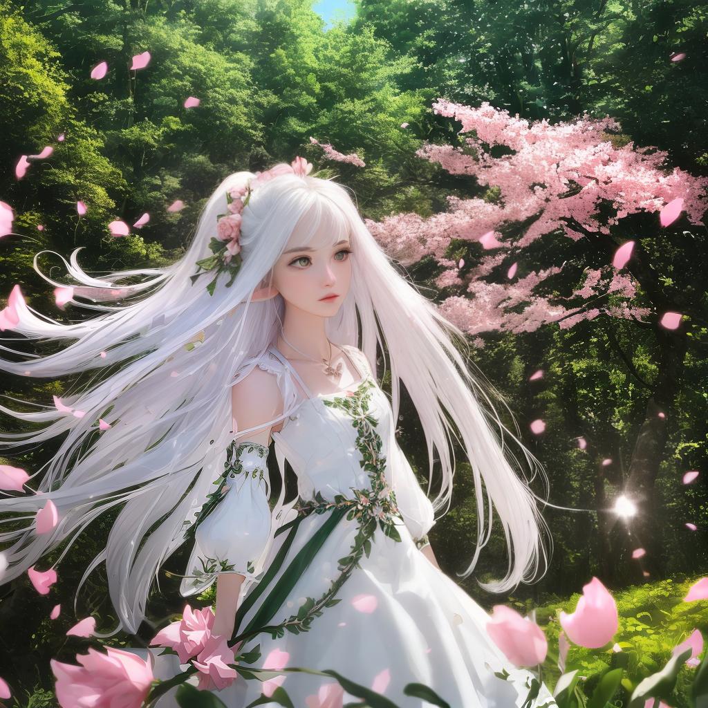  masterpiece, best quality, (masterpiece, best quality, high quality, higher , ultra-detailed), realistic,1 sweet , the greater, (side id:1.1), long hair,((white hair)), leaf hair ornament, elf, green eyes, pale skin, bare shoulders, jewelry, white long dress, (detached sleeves:1.1), celet, (looking away:1.2), (hair floating:1.3), from side, (in forest:1.3), (pink flowers:1.1), (falling petals:1.1), (lens flare from right:1.2)