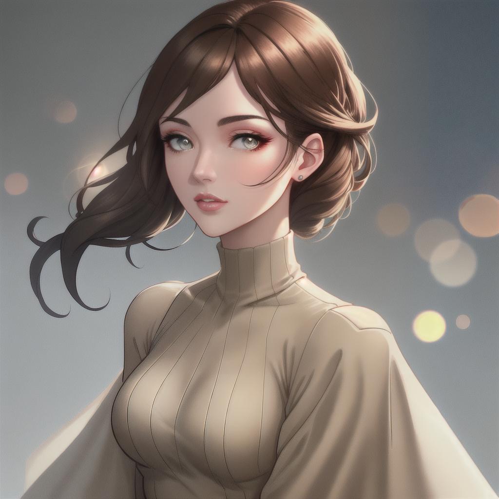  Young Disney socialite in beige mini, dark brown turtleneck jumper with small neckline, lovely delicate face, anime illustration, realistic shaded perfect face, brown hair, grey eyes, delicate details, WLOP matte print, 4K resolution, masterpiece,8K, RAW, best quality, masterpiece, ultra high res, colorful, (medium wide shot), (dynamic perspective), sharp focus , (depth of field, bokeh:1.3), ((masterpiece, best quality)) hyperrealistic, full body, detailed clothing, highly detailed, cinematic lighting, stunningly beautiful, intricate, sharp focus, f/1. 8, 85mm, (centered image composition), (professionally color graded), ((bright soft diffused light)), volumetric fog, trending on instagram, trending on tumblr, HDR 4K, 8K