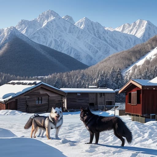  Snowy mountains in the background, a dilapidated wooden house in the middle ground, a dog in the foreground, several snow-covered black wolf corpses lying in front of the dog,