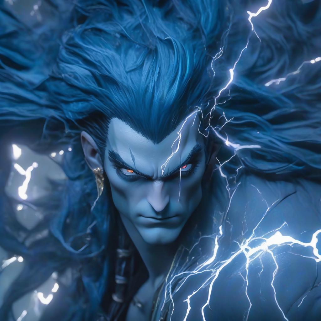  A man with long dark blue hair with a blue section at the back. Sharp facial features, serious expression. Black scars on the cheeks, like lightning. Red iris and white pupil in the eyes. hyperrealistic, full body, detailed clothing, highly detailed, cinematic lighting, stunningly beautiful, intricate, sharp focus, f/1. 8, 85mm, (centered image composition), (professionally color graded), ((bright soft diffused light)), volumetric fog, trending on instagram, trending on tumblr, HDR 4K, 8K