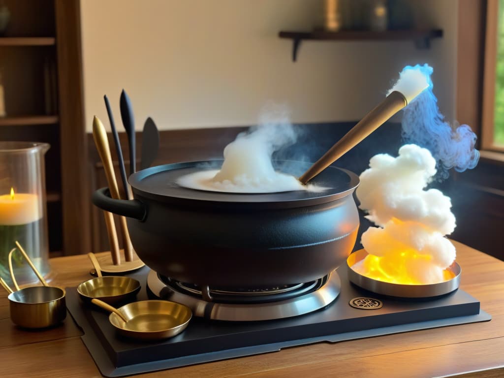  An ultradetailed illustration of a sleek, minimalist kitchen with floating, glowing replicas of Harry Potter's iconic magical cooking utensils suspended in midair. The image features a cauldron stirring itself with a golden spoon, a wand delicately whisking ingredients in a mixing bowl, and a set of enchanted measuring cups pouring out rainbowcolored liquids into a cauldron. The background is a soft, blurred glow of magical sparks, enhancing the enchanting and mystical atmosphere of the scene. hyperrealistic, full body, detailed clothing, highly detailed, cinematic lighting, stunningly beautiful, intricate, sharp focus, f/1. 8, 85mm, (centered image composition), (professionally color graded), ((bright soft diffused light)), volumetric fog, trending on instagram, trending on tumblr, HDR 4K, 8K