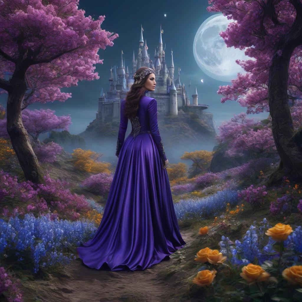  Purple silk linen. Topaz, diamonds, quartzite, amber, topaz, emerald.Luthien Tinuviel. A very pretty girl. Forest, silver crown on her forehead, blue coat. ((Sparkling rim)): spring field, hyacinths, roses, rosehips, rose hips, peonies, cherry tree, yellow, red, black flowers, forget me nots.Flying saucer. Space, fantasy. Purple, blue, silver colors. Moon, aliens. There's a castle on the moon. hyperrealistic, full body, detailed clothing, highly detailed, cinematic lighting, stunningly beautiful, intricate, sharp focus, f/1. 8, 85mm, (centered image composition), (professionally color graded), ((bright soft diffused light)), volumetric fog, trending on instagram, trending on tumblr, HDR 4K, 8K