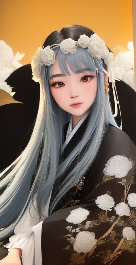  masterpiece, best quality, (Fidelity: 1.4), Best Quality, Masterpiece, Ultra High Resolution, Poster, Fantasy Art, Very Detailed Faces, 8k resolution, Chinese Style, An woman, Side Face, Quiet, Light Blue Hanfu, Tulle Coat, Long Black Hair, Light Blue Fringed Hair Ornament, Hairpin, White Ribbon, White Flower Bush, Light Blue Butterfly Flying, cinematic lighting effects