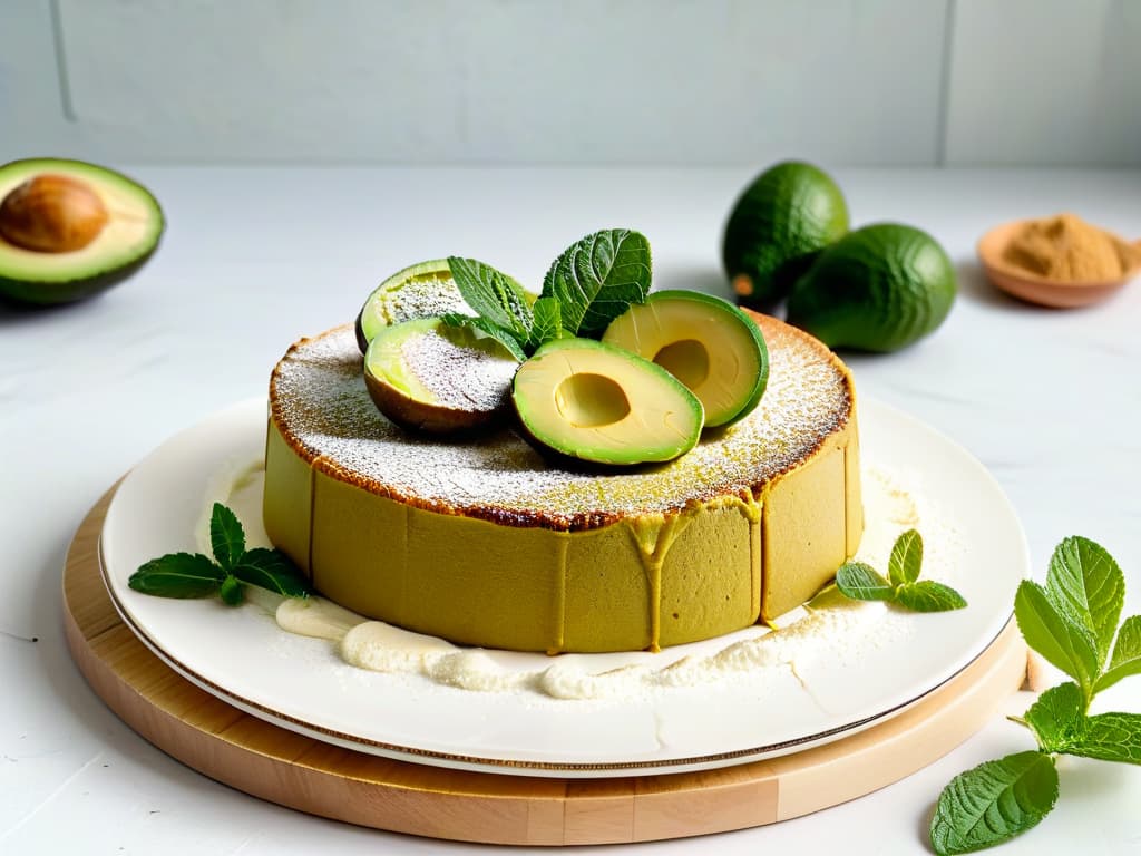  An ultradetailed closeup image of a freshly baked golden brown avocado oil cake, topped with a delicate dusting of powdered sugar and garnished with sliced ripe avocados and vibrant green mint leaves. The cake sits on a sleek, modern white ceramic plate against a softfocus background of a bright, airy kitchen with natural light streaming in, casting gentle shadows on the textured surface of the cake. The image captures every crumb and moist texture of the cake, highlighting its rich, decadent appearance and inviting the viewer to indulge in its deliciousness. hyperrealistic, full body, detailed clothing, highly detailed, cinematic lighting, stunningly beautiful, intricate, sharp focus, f/1. 8, 85mm, (centered image composition), (professionally color graded), ((bright soft diffused light)), volumetric fog, trending on instagram, trending on tumblr, HDR 4K, 8K