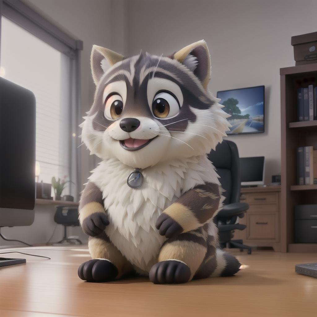  raccoon sitting in gaming chair front a computer on desktop, ((semi anthropomorphic)),(full body), tail, belly, sitting, fat, (chubby), (((white background))), solo, desktop, gaming chair, side view,  [[[clothes]]] hyperrealistic, full body, detailed clothing, highly detailed, cinematic lighting, stunningly beautiful, intricate, sharp focus, f/1. 8, 85mm, (centered image composition), (professionally color graded), ((bright soft diffused light)), volumetric fog, trending on instagram, trending on tumblr, HDR 4K, 8K