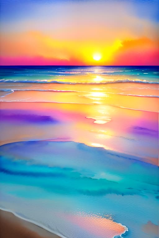  sea, tropical island, sandy beach, sunset sky, (Watercolor painting) soft colors ,fluid strokes ,transparent layers hyperrealistic, full body, detailed clothing, highly detailed, cinematic lighting, stunningly beautiful, intricate, sharp focus, f/1. 8, 85mm, (centered image composition), (professionally color graded), ((bright soft diffused light)), volumetric fog, trending on instagram, trending on tumblr, HDR 4K, 8K