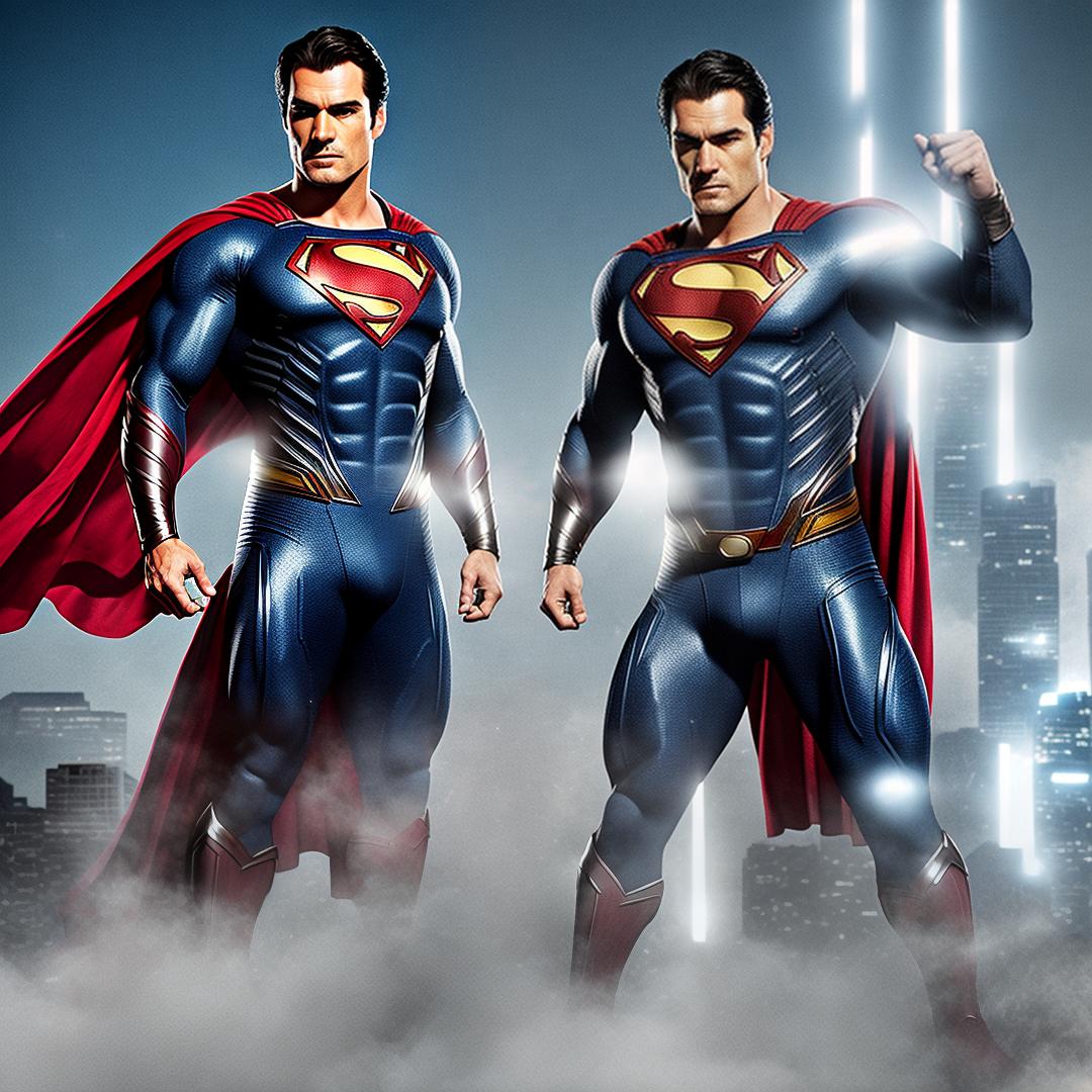  Create an image of henry cavil and dean Cain wearing the Superman costume hyperrealistic, full body, detailed clothing, highly detailed, cinematic lighting, stunningly beautiful, intricate, sharp focus, f/1. 8, 85mm, (centered image composition), (professionally color graded), ((bright soft diffused light)), volumetric fog, trending on instagram, trending on tumblr, HDR 4K, 8K