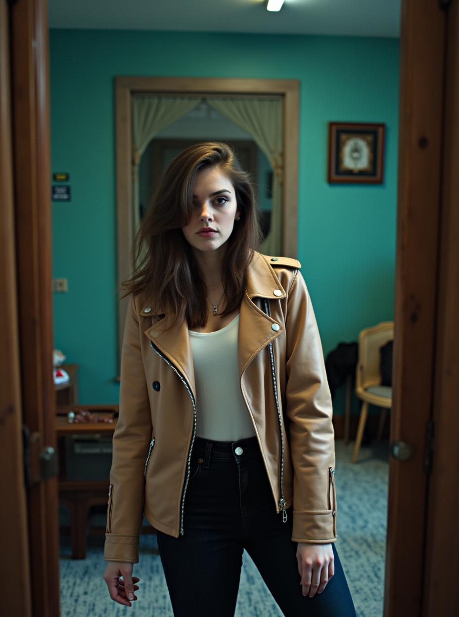  good quality, high quality, girl wearing leather jacket