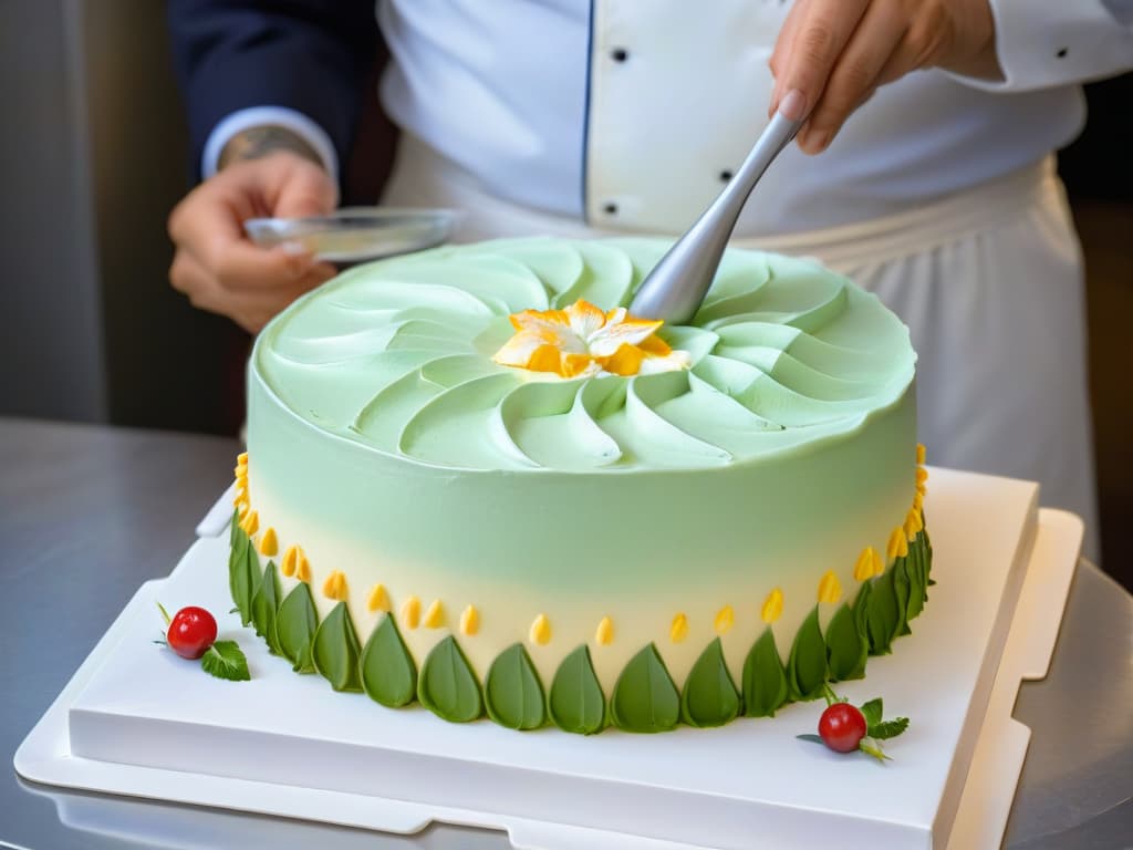  An ultradetailed closeup image of a pastry chef carefully piping intricate designs onto a cake, with focus on the precision and artistry of the process. The chef's hands are steady and skilled, showcasing the mastery of their craft in a minimalistic and elegant style. hyperrealistic, full body, detailed clothing, highly detailed, cinematic lighting, stunningly beautiful, intricate, sharp focus, f/1. 8, 85mm, (centered image composition), (professionally color graded), ((bright soft diffused light)), volumetric fog, trending on instagram, trending on tumblr, HDR 4K, 8K