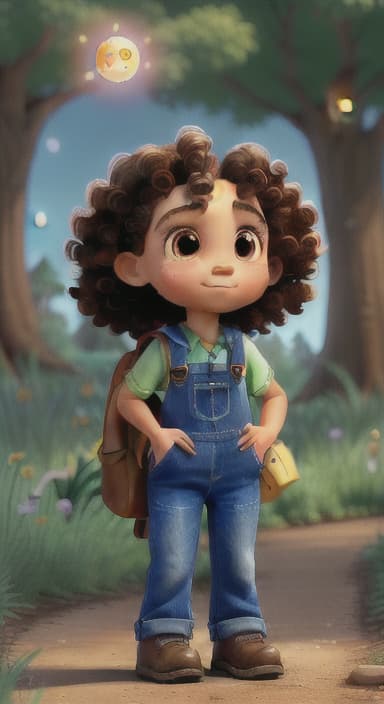  {The tree shining brightly and releasing a gentle, magical light., Riley, a curious with big brown eyes and curly hair, wearing overalls and carrying a small backpack. Their friend, Skye, a bluebird with shiny feathers.