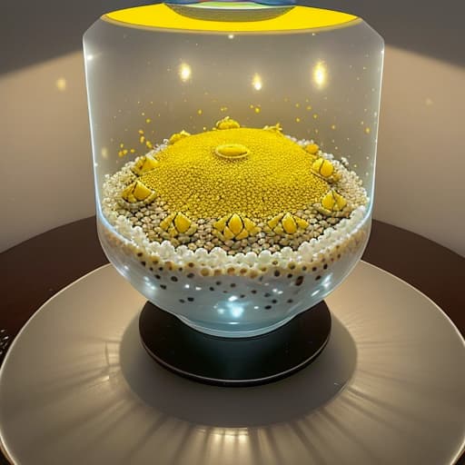  The picture shows the finished lotus seed glutinous rice cake sprinkled with golden osmanthus flowers. The glutinous rice cake is placed in a transparent glass bowl, which is placed in the refrigerator. The refrigerator door is half open, and the lights and fog in the refrigerator can be seen.