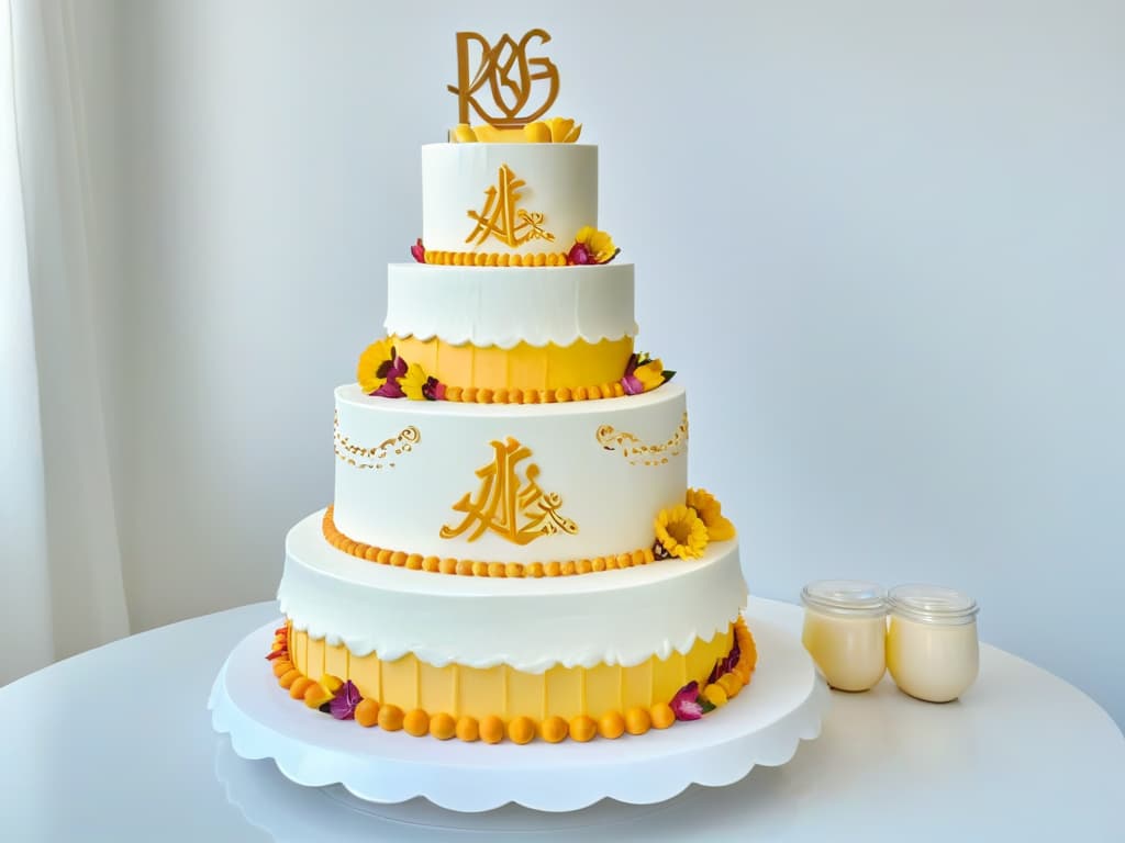  An intricately decorated cake featuring vibrant colors and detailed piping work, with each tier showcasing different sign language symbols for common baking ingredients like flour, sugar, and eggs. The background is a simple white backdrop, emphasizing the elegant and precise design of the cake. hyperrealistic, full body, detailed clothing, highly detailed, cinematic lighting, stunningly beautiful, intricate, sharp focus, f/1. 8, 85mm, (centered image composition), (professionally color graded), ((bright soft diffused light)), volumetric fog, trending on instagram, trending on tumblr, HDR 4K, 8K