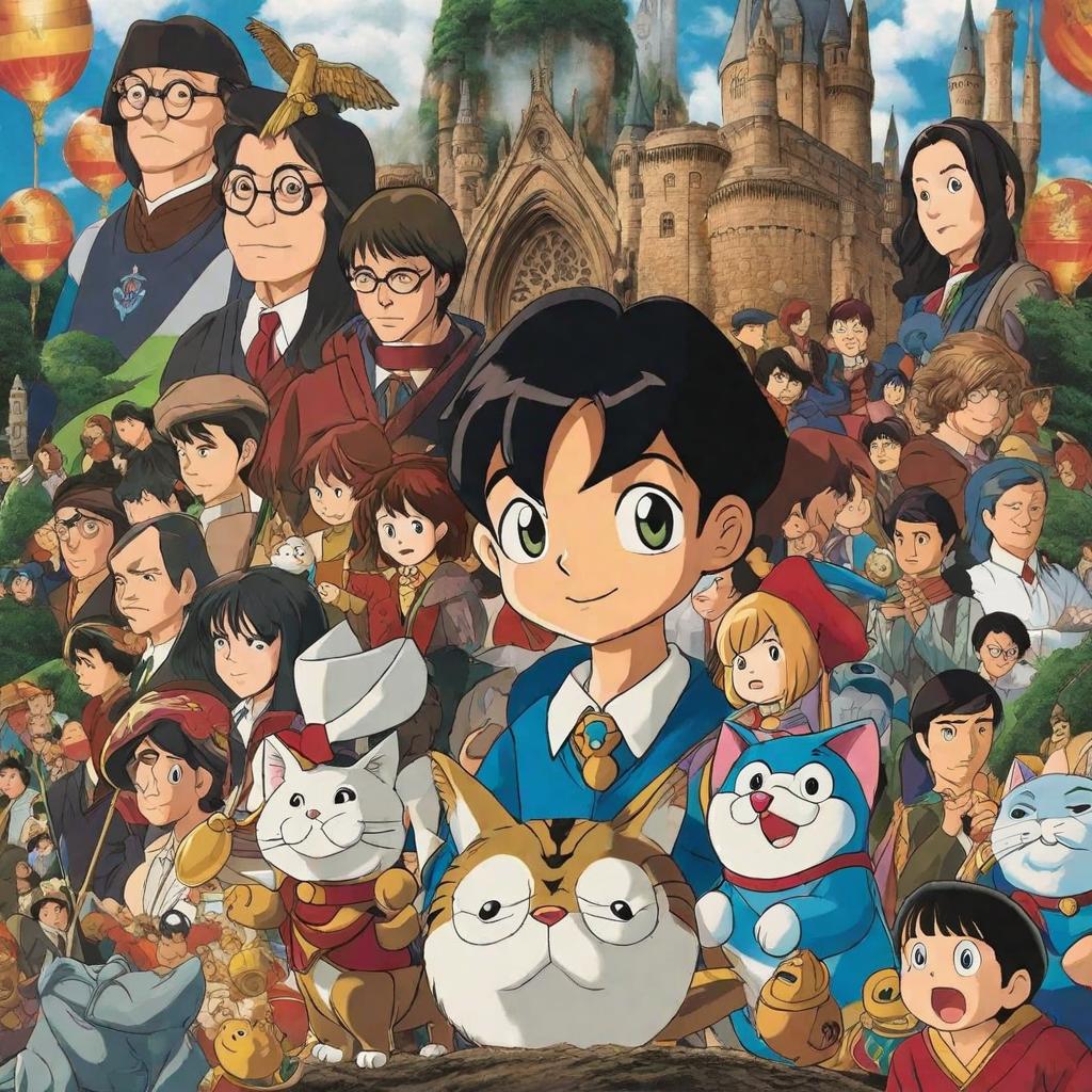  masterpiece, best quality,Shizuka, Nobita and Doraemon accidentally cross over to the magical world of Harry Potter.