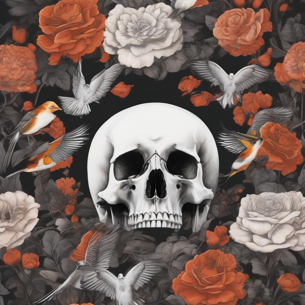  Image divided into two parts. The left half is colorful, while the right half is black and white. The left half symbolizes life, and the right half death. On the left side, there is a bright sun shining, flowers bloom, birds fly, and butterflies flutter. On the right side, there is a dim sun in the form of a skull, instead of flowers bones lie around, and instead of birds, crows fly. In the middle of the painting, people are drawn as they walk along the path from life to death. вот кратко: Образ, разделенный на две части. Левая часть красивая, правая черно белая. Левая часть символизирует жизнь, правая смерть. На левой ст hyperrealistic, full body, detailed clothing, highly detailed, cinematic lighting, stunningly beautiful, intricate, sharp focus, f/1. 8, 85mm, (centered image composition), (professionally color graded), ((bright soft diffused light)), volumetric fog, trending on instagram, trending on tumblr, HDR 4K, 8K