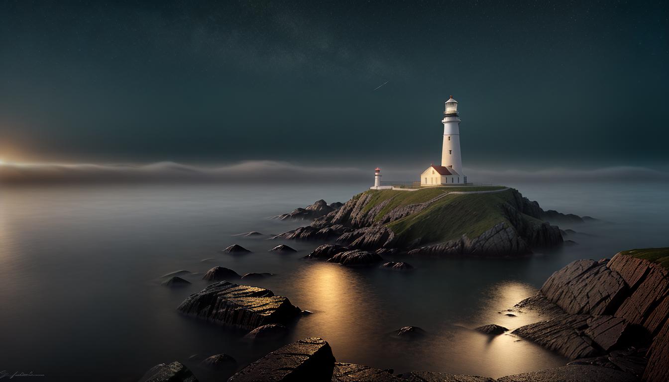  digital illustration, A lighthouse with a bright beacon, casting light over calm seas, fog in the distance, lighthouse detailed with bricks and cracks, beam of light reaching far, serene and guiding, metaphor for empathy, looking at viewer, dynamic pose, (intricate details, masterpiece, best quality)