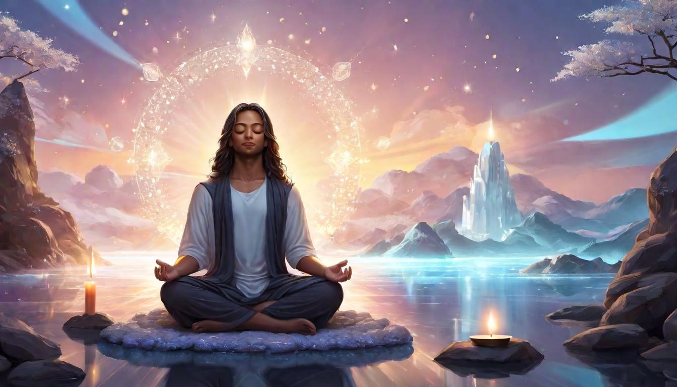  digital illustration, A dedicated meditation space, minimalist design, candles and crystals placed around, figure with eyes closed meditating, soft halo of light around head, intentional focus, serene atmosphere, looking at viewer, dynamic pose, (intricate details, masterpiece, best quality)