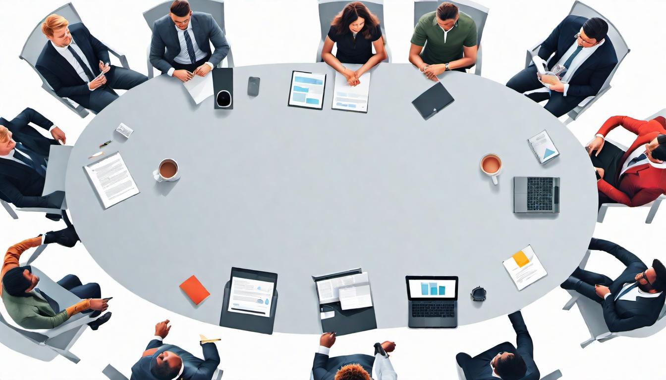  digital illustration A round table surrounded by chairs, each occupied by a person of varied backgrounds, engaged in dialogue, collaboration, emotional intelligence, teamwork looking at viewer, dynamic pose, (intricate details, masterpiece, best quality)