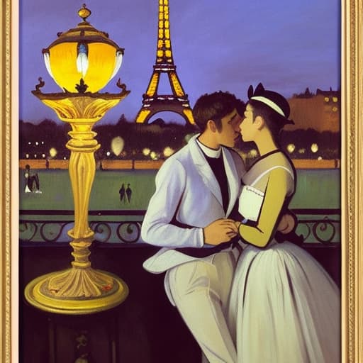  attractive young Parisian couple dressed in modern designer outfits who are romantically together in Paris. Foreground a small plate of fine dark chocolate pieces of candy on a bedside table. Background night with a lite Eiffel Tour Monument. Painting style of Edgar Degas