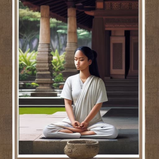  A serene portrait of a young filipino lady in meditation, with a tranquil temple garden in the background. The mood is peaceful and introspective, with muted colors and a soft, ethereal light that captures a sense of calm.