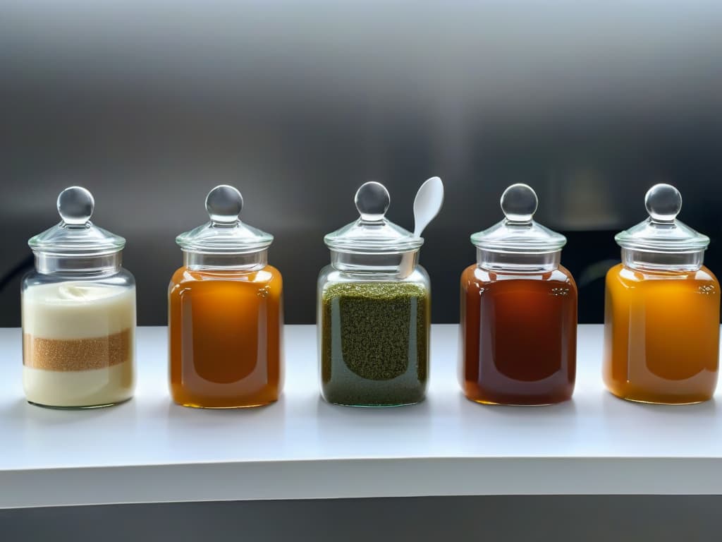  An exquisitely styled, highresolution image capturing a sleek, modern kitchen countertop adorned with an array of natural sweeteners like honey, maple syrup, stevia leaves, and coconut sugar. Each sweetener is meticulously arranged in elegant glass jars, showcasing their unique textures and colors under the soft, natural lighting. The minimalist composition conveys a sense of sophistication and culinary artistry, perfectly complementing the professional and inspiring tone of the article on choosing the best natural sweetener for desserts. hyperrealistic, full body, detailed clothing, highly detailed, cinematic lighting, stunningly beautiful, intricate, sharp focus, f/1. 8, 85mm, (centered image composition), (professionally color graded), ((bright soft diffused light)), volumetric fog, trending on instagram, trending on tumblr, HDR 4K, 8K