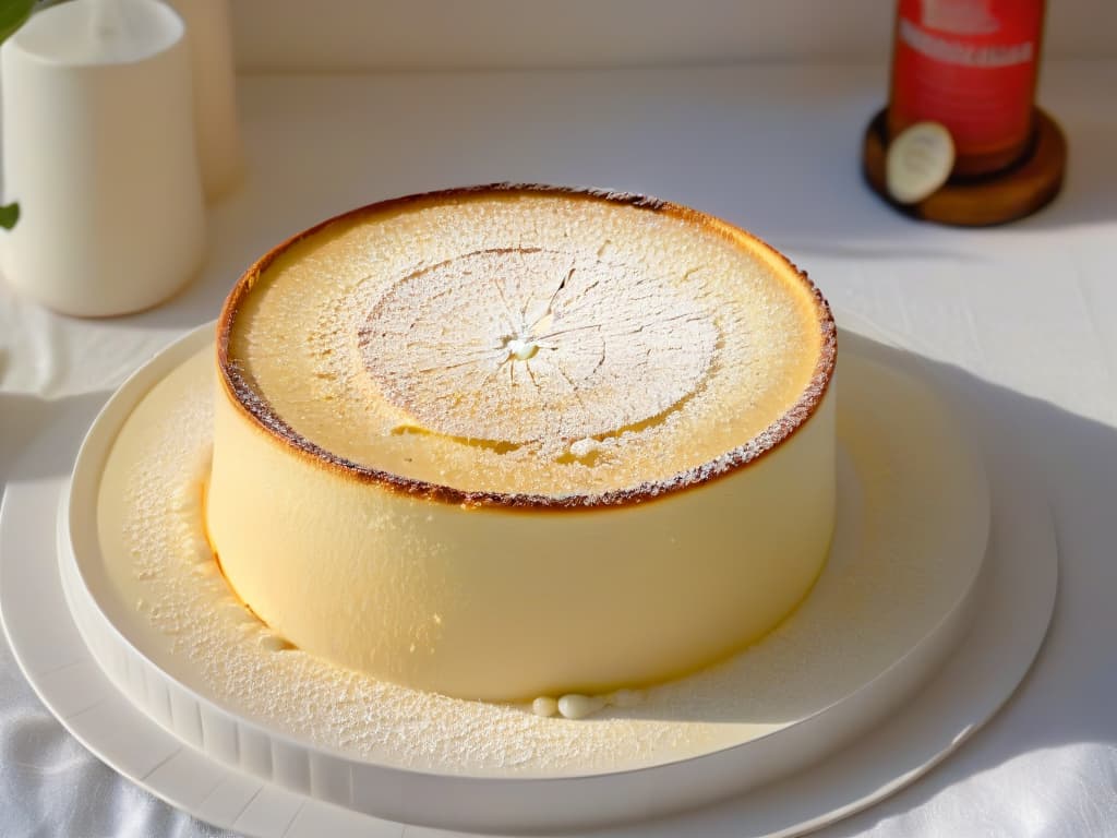  A stunning, minimalist image of a perfectly baked Japanese cheesecake, adorned with a delicate dusting of powdered sugar on top. The cheesecake is set on a sleek, white ceramic plate, against a soft, blurred background that subtly enhances the dessert's elegant simplicity. The lighting is soft yet highlights the smooth texture and goldenbrown surface of the cheesecake, inviting the viewer to indulge in its authentic, delectable charm. hyperrealistic, full body, detailed clothing, highly detailed, cinematic lighting, stunningly beautiful, intricate, sharp focus, f/1. 8, 85mm, (centered image composition), (professionally color graded), ((bright soft diffused light)), volumetric fog, trending on instagram, trending on tumblr, HDR 4K, 8K