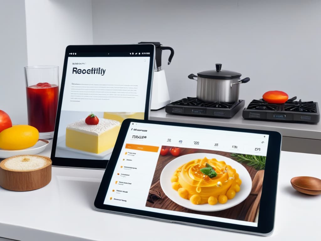  An ultradetailed 8k image of a sleek, modern kitchen with a pristine white marble countertop showcasing an open digital tablet displaying a beautifully designed digital cookbook filled with vibrant, mouthwatering dessert recipes. The tablet's screen illuminates the surrounding space, casting a soft glow on a stack of pastelcolored measuring cups and a vintage whisk elegantly placed next to it. The overall aesthetic is clean, elegant, and inviting, capturing the essence of seamlessly transitioning traditional recipes into the digital realm. hyperrealistic, full body, detailed clothing, highly detailed, cinematic lighting, stunningly beautiful, intricate, sharp focus, f/1. 8, 85mm, (centered image composition), (professionally color graded), ((bright soft diffused light)), volumetric fog, trending on instagram, trending on tumblr, HDR 4K, 8K