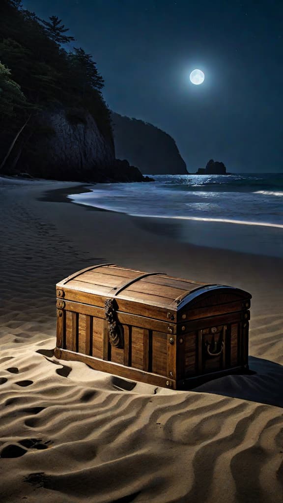  (A wooden chest lying on a moonlit beach, partially buried in the sand. Tall cliffs and dense forests surround the cove in the background, creating a secluded, hidden atmosphere. The chest appears weathered and ancient, hinting at the historical significance of the artifacts that may lie within.) hyperrealistic, full body, detailed clothing, highly detailed, cinematic lighting, stunningly beautiful, intricate, sharp focus, f/1. 8, 85mm, (centered image composition), (professionally color graded), ((bright soft diffused light)), volumetric fog, trending on instagram, trending on tumblr, HDR 4K, 8K