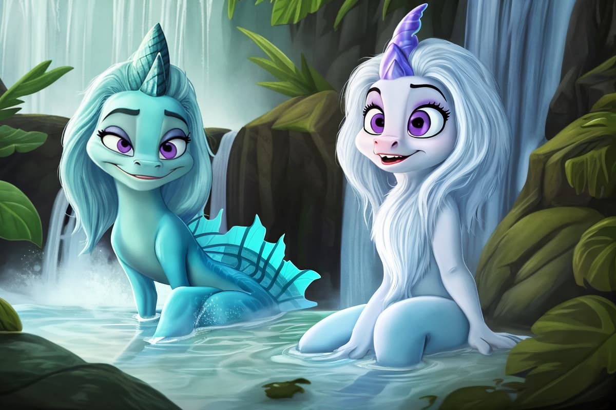  https://i.postimg.cc/L4bT7K4n/image.png naked The character of the 59th Walt Disney Animation Studios cartoon "Raya and the Last Dragon". Dragon sisudatu . A cute furry cyan dragon with purple eyes and long white hair, sitting in the water of an enchanted waterfall. With a cartoon style in the style of Disney Pixar animation, in a fantasy background of a fantasy forest. As a full body portrait with a wide angle, hyper realistic view.