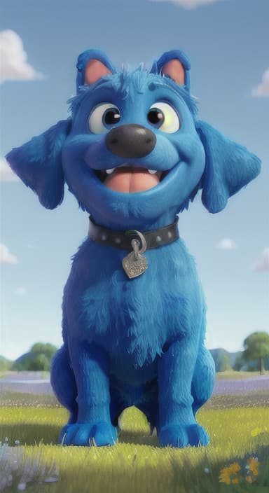  {A happy, big blue dog wagging its tail in a colorful meadow, The big blue dog is large with sky blue fur, big round eyes, a black nose, and floppy ears.