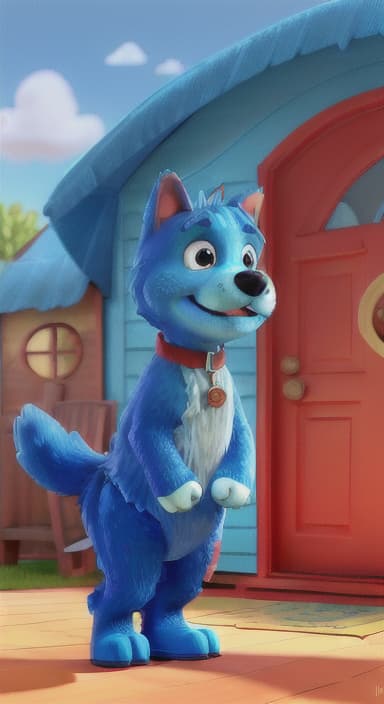  {Max the big blue dog standing in front of a cozy little house with a red door, The big blue dog is large with sky blue fur, big round eyes, a black nose, and floppy ears.