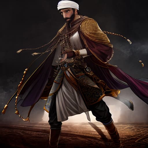  a arabic man hyperrealistic, full body, detailed clothing, highly detailed, cinematic lighting, stunningly beautiful, intricate, sharp focus, f/1. 8, 85mm, (centered image composition), (professionally color graded), ((bright soft diffused light)), volumetric fog, trending on instagram, trending on tumblr, HDR 4K, 8K