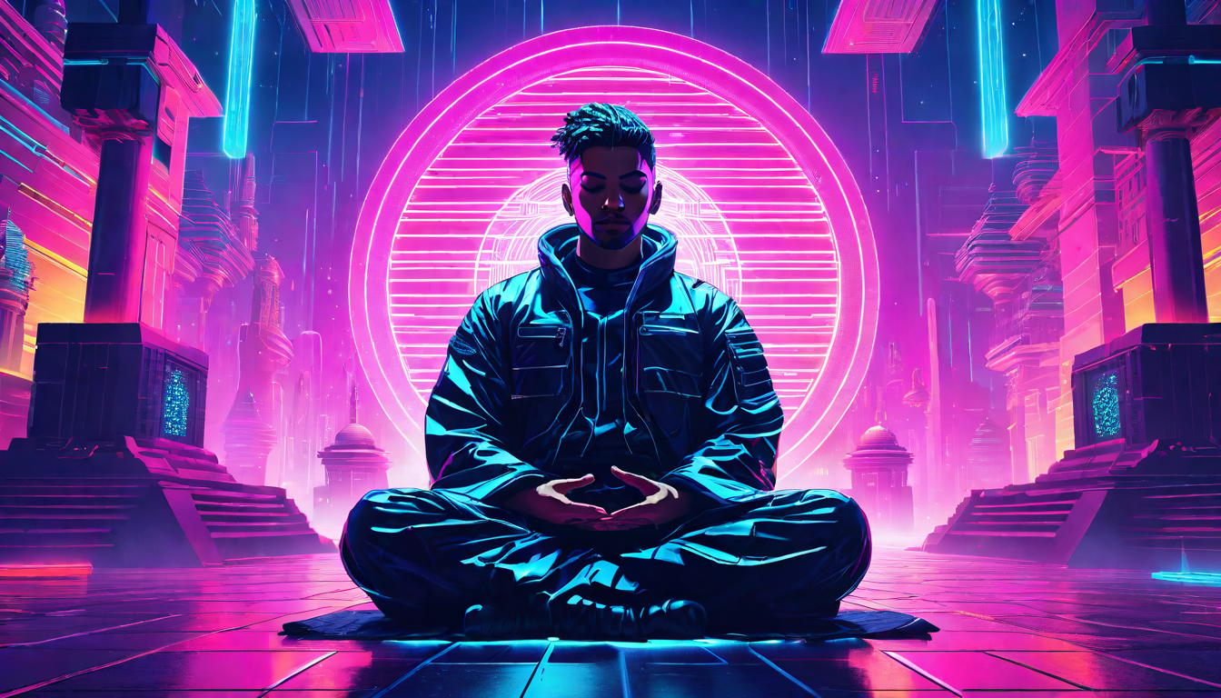  vaporwave,cyberpunk game style A person meditating in a sacred space, high vibration light, peaceful and secure environmenteon, dystopian, futuristic, digital, vibrant, detailed, high contrast, reminiscent of cyberpunk genre video games,retro aesthetic, cyberpunk, vibrant, neon colors, vintage 80s and 90s style, highly detailed