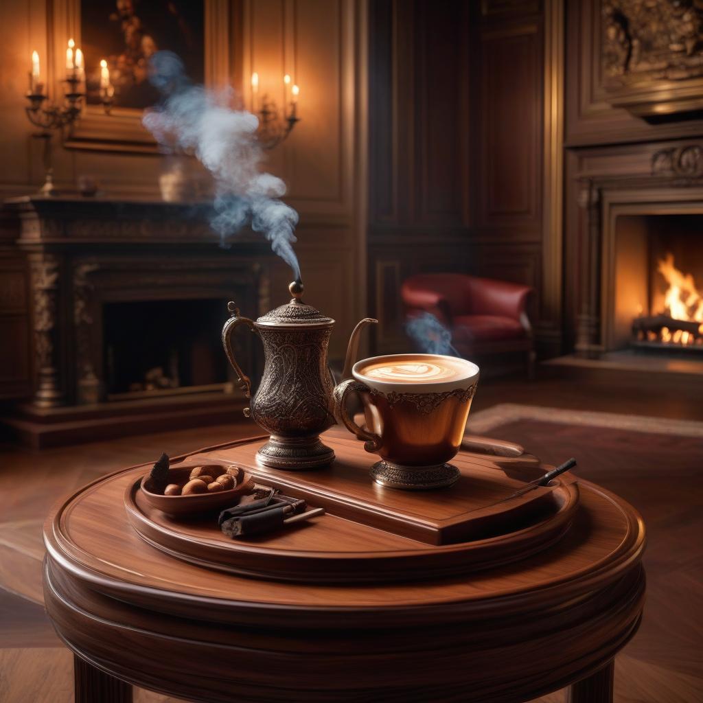  Smoking cup with hot coffee standing on a wooden tray which in turn stands on a small carved table in an exquisitely furnished room against the background of a burning fireplace in the Renaissance style, high quality and drawing of all details, 64k hyperrealistic, full body, detailed clothing, highly detailed, cinematic lighting, stunningly beautiful, intricate, sharp focus, f/1. 8, 85mm, (centered image composition), (professionally color graded), ((bright soft diffused light)), volumetric fog, trending on instagram, trending on tumblr, HDR 4K, 8K