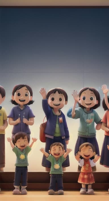  {A heartwarming scene of all the children waving goodbye with happy expressions., Children waving with wide smiles, looking grateful and content.