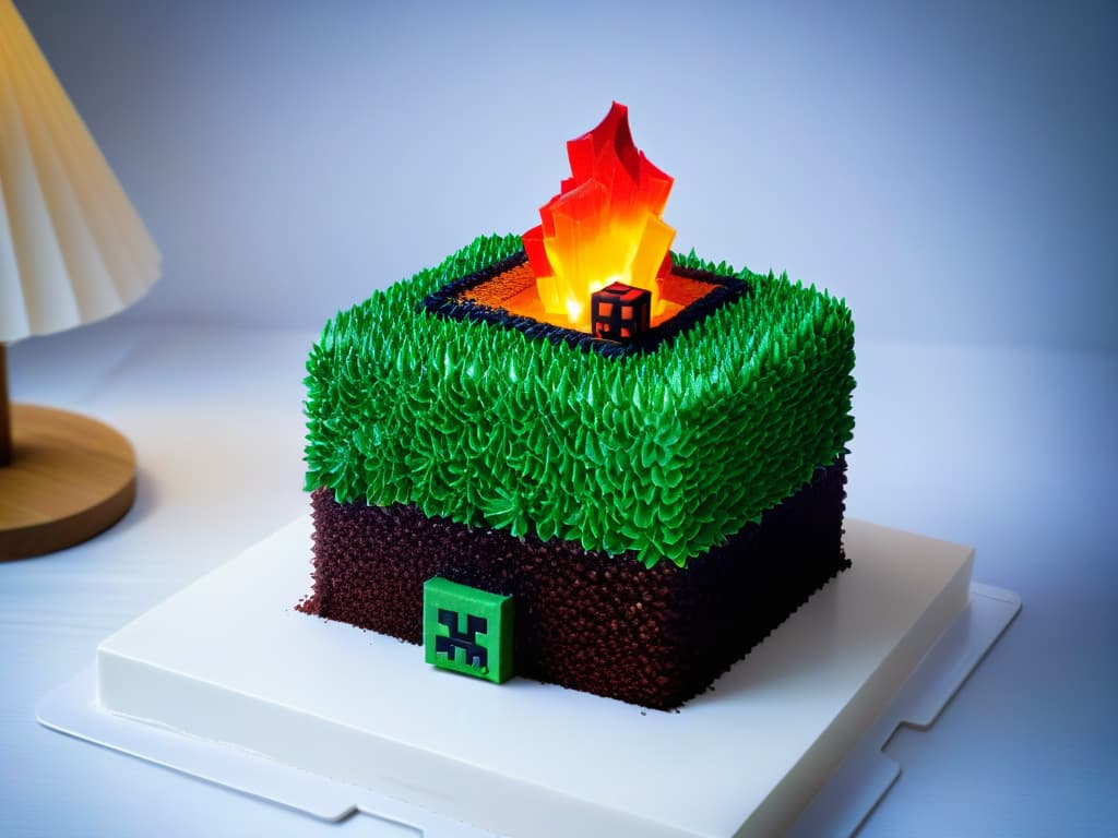  A highly detailed, minimalist image of a threetiered Minecraftthemed cake, meticulously designed to resemble the iconic blocks and characters from the game. The cake features pixelated edible versions of creepers, Steve, and Alex, all intricately crafted with fondant. Each tier showcases a different biome from the game, with lush greenery, snowy landscapes, and fiery lava flows depicted in stunning detail. The overall color scheme is vibrant and eyecatching, appealing to gamers and Minecraft fans alike. hyperrealistic, full body, detailed clothing, highly detailed, cinematic lighting, stunningly beautiful, intricate, sharp focus, f/1. 8, 85mm, (centered image composition), (professionally color graded), ((bright soft diffused light)), volumetric fog, trending on instagram, trending on tumblr, HDR 4K, 8K