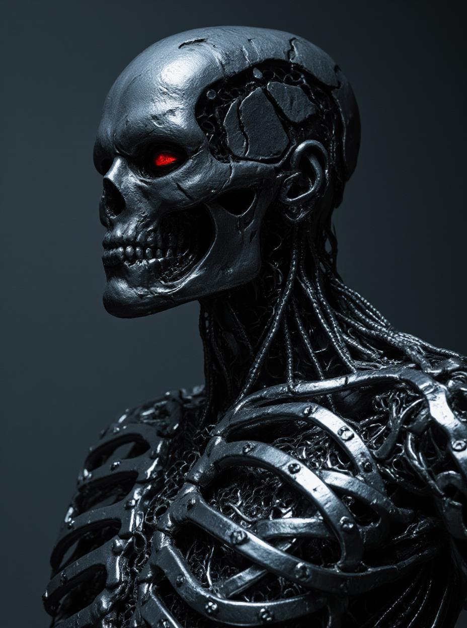  detail, photo, cinscene, dreamwalking create a highly detailed, dynamic portrait of an evil, cyborg terminator robot. incorporate hidden details and a hyper realistic attention to detail. achieve a style with high dynamic range, delivering a packed composition with an aspect.