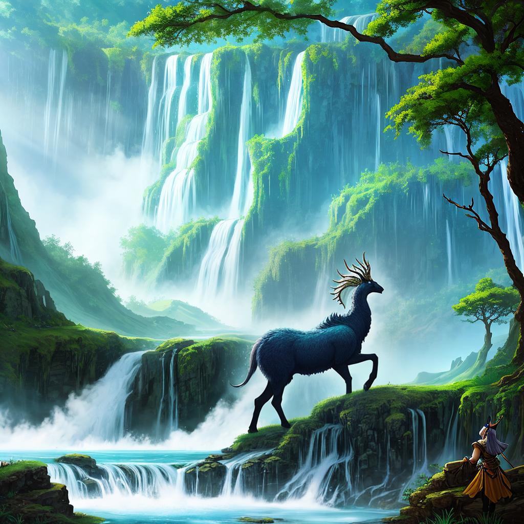  in a fantasy setting, Paint a surreal landscape where mythical beasts roam amidst cascading waterfalls.