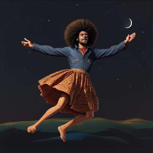  afro man floating in the night sky
