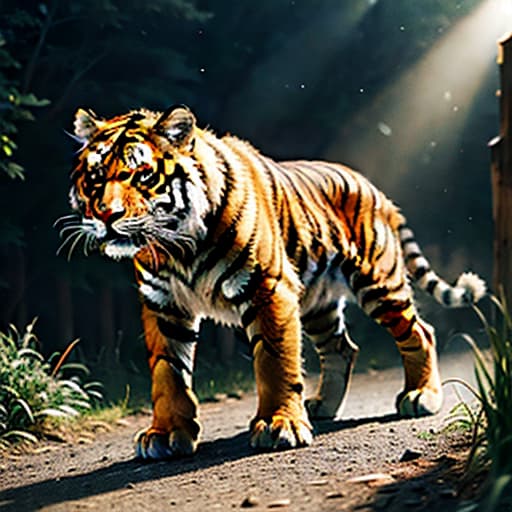  1000$tiger hyperrealistic, full body, detailed clothing, highly detailed, cinematic lighting, stunningly beautiful, intricate, sharp focus, f/1. 8, 85mm, (centered image composition), (professionally color graded), ((bright soft diffused light)), volumetric fog, trending on instagram, trending on tumblr, HDR 4K, 8K