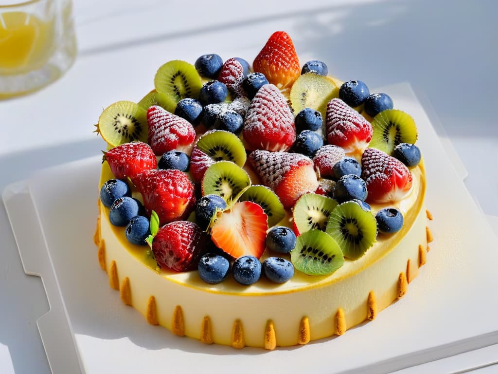  An ultradetailed 8k image of a luxurious fruit tart with a golden crust, adorned with an intricate arrangement of vibrant strawberries, raspberries, blueberries, and kiwi slices, all glistening under a delicate glaze. The tart is set on a pristine white marble countertop, with soft natural lighting highlighting its exquisite details, showcasing a perfect balance of colors and textures that exude sophistication and elegance. hyperrealistic, full body, detailed clothing, highly detailed, cinematic lighting, stunningly beautiful, intricate, sharp focus, f/1. 8, 85mm, (centered image composition), (professionally color graded), ((bright soft diffused light)), volumetric fog, trending on instagram, trending on tumblr, HDR 4K, 8K