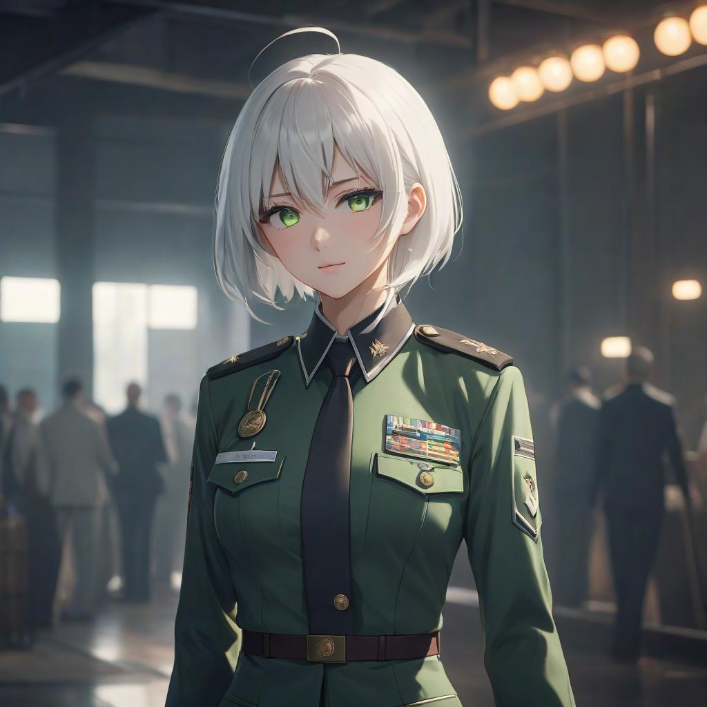  anime artwork A slender Japanese high in a uniform with a short and white hair, with bright green eyes. . anime style, key visual, vint, studio anime, highly detailed hyperrealistic, full body, detailed clothing, highly detailed, cinematic lighting, stunningly beautiful, intricate, sharp focus, f/1. 8, 85mm, (centered image composition), (professionally color graded), ((bright soft diffused light)), volumetric fog, trending on instagram, trending on tumblr, HDR 4K, 8K