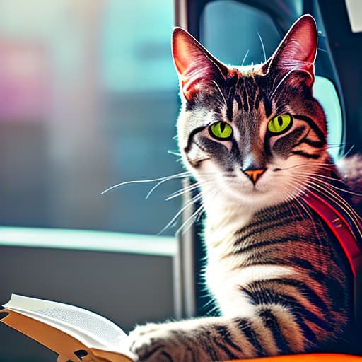 nvinkpunk Realistic image of a cat wearing headphones and reading glasses while riding a bus. hyperrealistic, full body, detailed clothing, highly detailed, cinematic lighting, stunningly beautiful, intricate, sharp focus, f/1. 8, 85mm, (centered image composition), (professionally color graded), ((bright soft diffused light)), volumetric fog, trending on instagram, trending on tumblr, HDR 4K, 8K