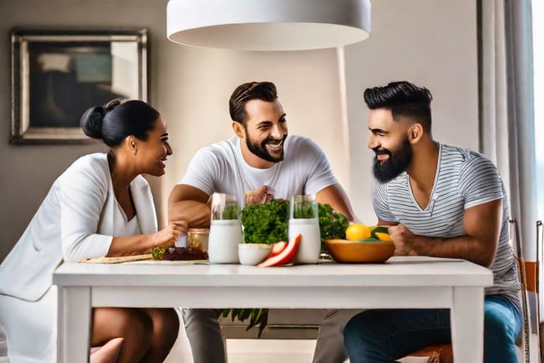  Happy family sitting in the sunny kitchen having lunch and talking to each other hyperrealistic, full body, detailed clothing, highly detailed, cinematic lighting, stunningly beautiful, intricate, sharp focus, f/1. 8, 85mm, (centered image composition), (professionally color graded), ((bright soft diffused light)), volumetric fog, trending on instagram, trending on tumblr, HDR 4K, 8K