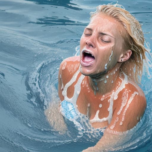  tanned blonde woman's face is in the water she's drowning she's screaming and panic a lot of water waves and splashes around her