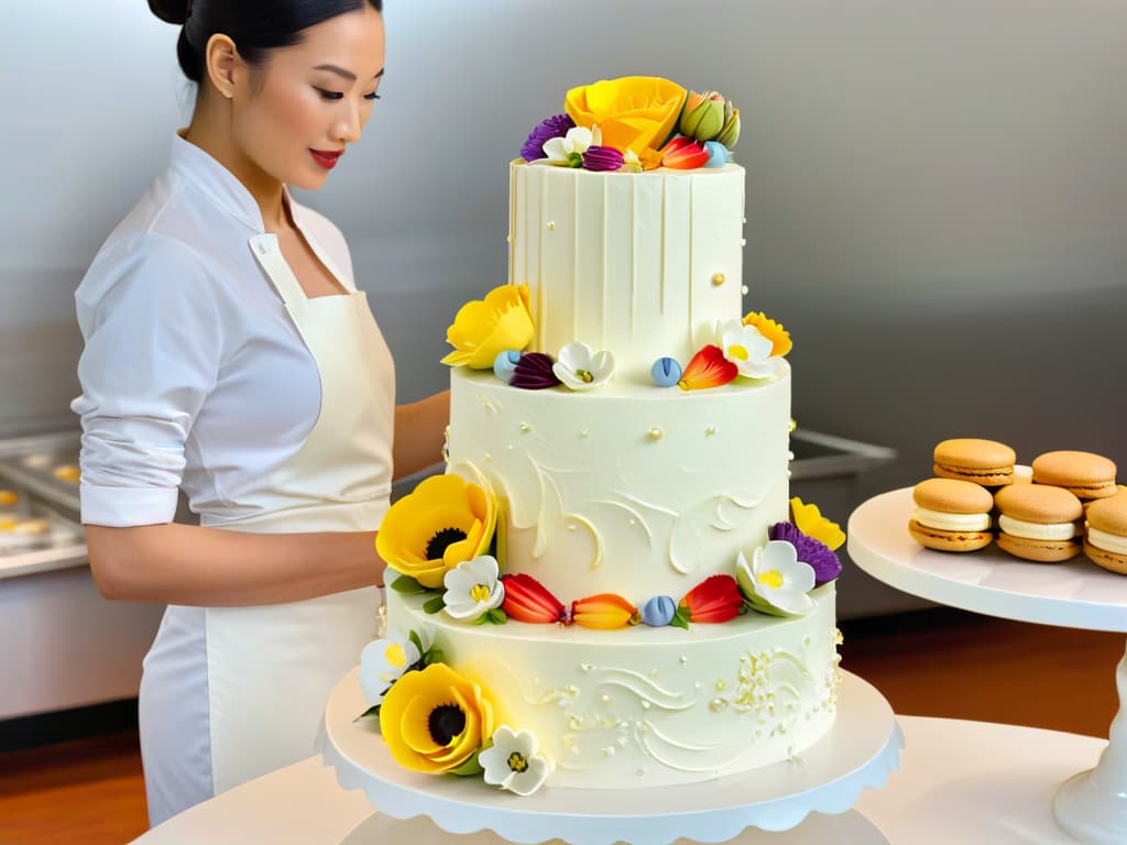  A photorealistic image of a professional pastry chef meticulously decorating a multitiered wedding cake with intricate sugar flowers and delicate piping details in a bright, sunlit bakery studio. The chef, wearing a crisp white chef's coat and a focused expression, is surrounded by an array of colorful macarons, glittering edible pearls, and gold leaf accents, showcasing the artistry and precision involved in creating a menu of exquisite pastries. hyperrealistic, full body, detailed clothing, highly detailed, cinematic lighting, stunningly beautiful, intricate, sharp focus, f/1. 8, 85mm, (centered image composition), (professionally color graded), ((bright soft diffused light)), volumetric fog, trending on instagram, trending on tumblr, HDR 4K, 8K